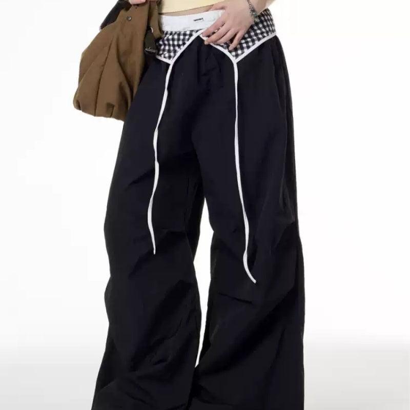 Retro Spicy Girl Plaid Stitching Design Wide-leg Pants For Women