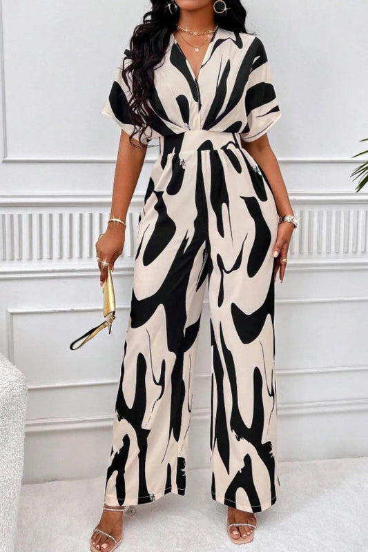 Elegant V-neck full body printed batwing sleeve wide jumpsuit