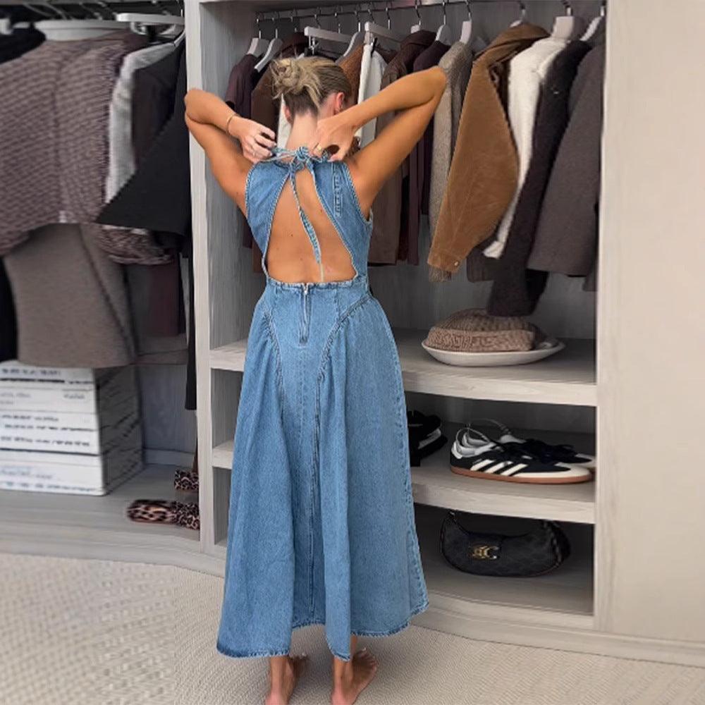 Summer New Sleeveless Backless Lace Up Denim Skirt For Women