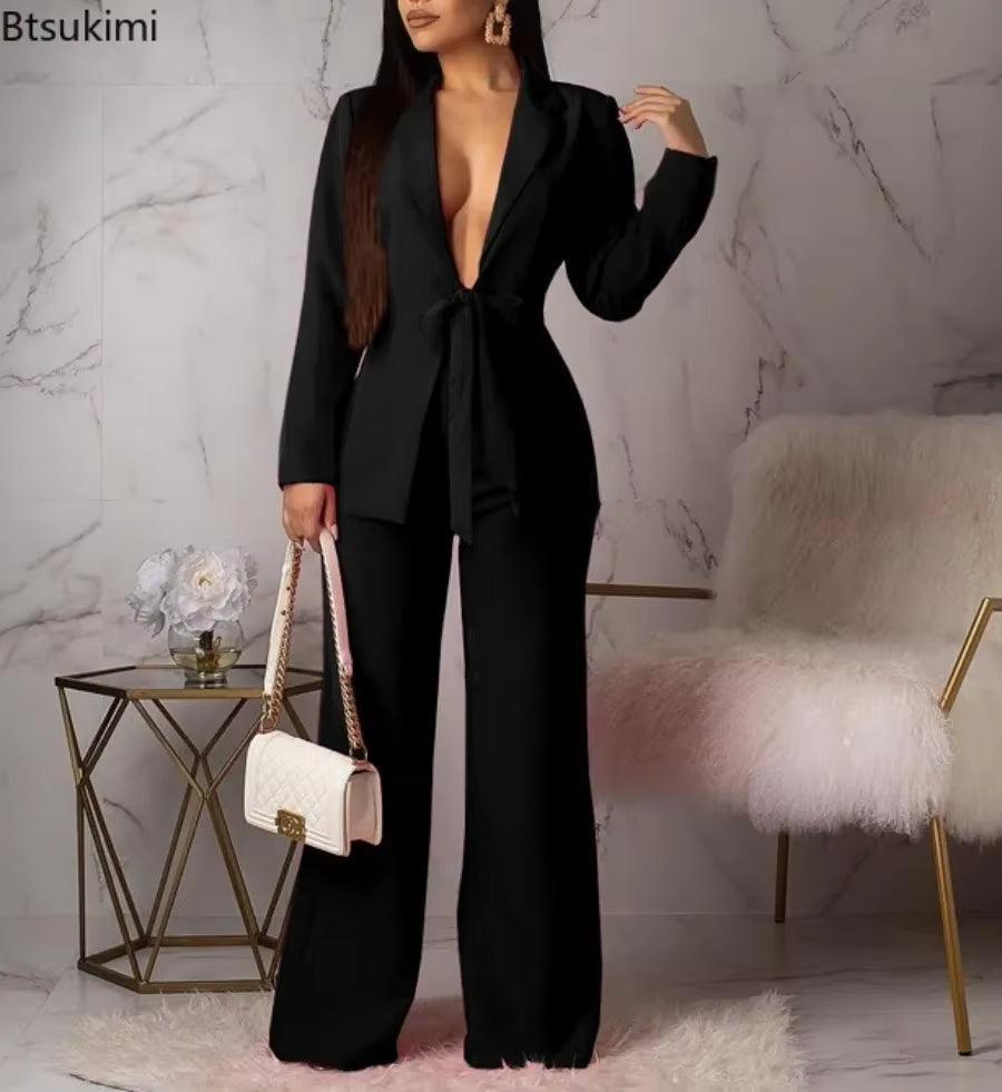 New 2025 Women'S Formal Business Suit Sets Office Wear Two Piece Blazer Pants Sets Professional Woman Suit with Waist Tied Sets