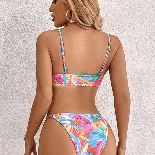 Floral Color Split Backless Bikini Set