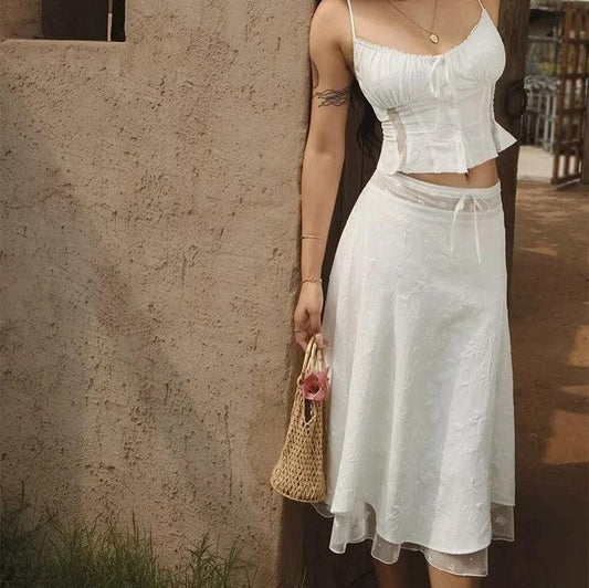 Summer new design sense mesh splicing hollow lace lace holiday skirt