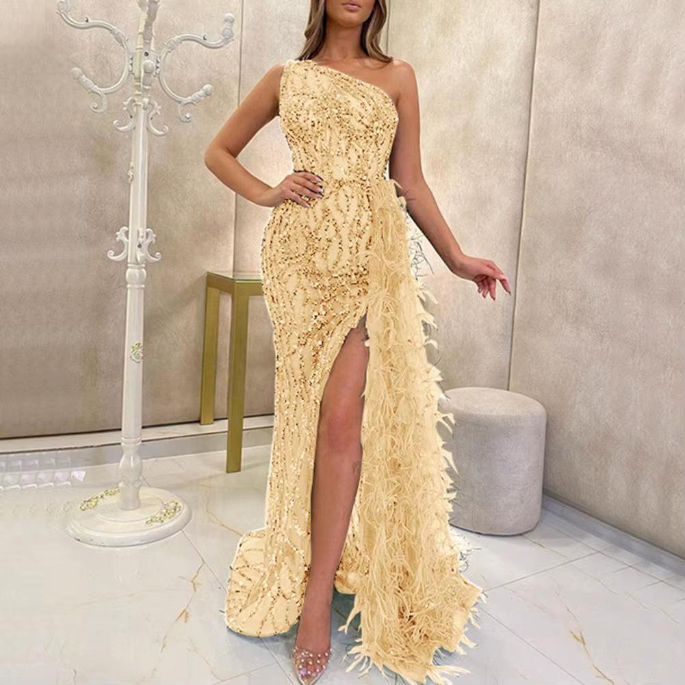 Women Bronzing Sequin Dress Elegant One Shoulder