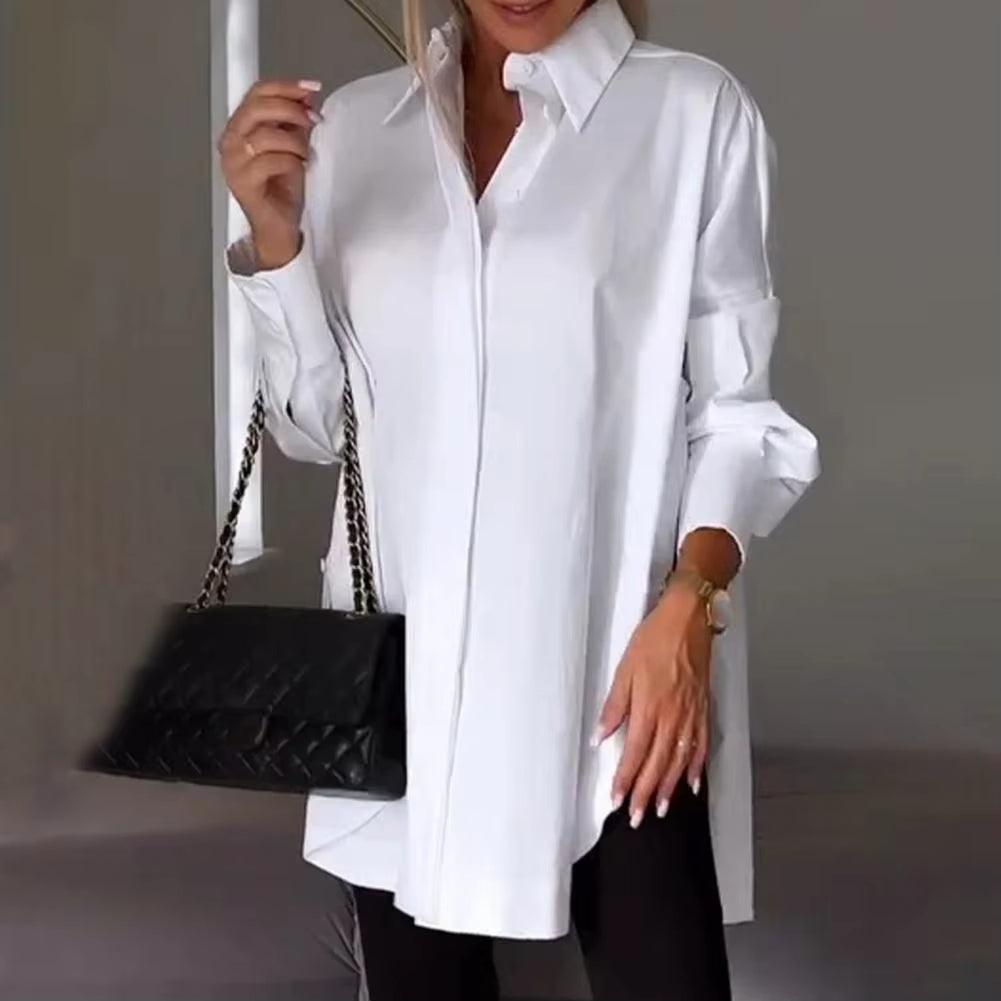 New Women'S Shirt Solid Color Casual Loose Breasted Shirt Elegant Asymmetrical Tops Tunic Solid Elegant Shirt