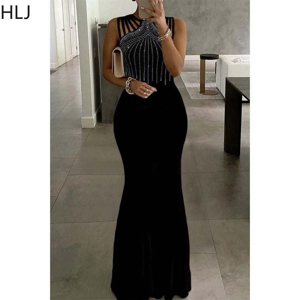 Black Fashion Luxury Rhinestone Evening Party Floor Dress Women Round Neck