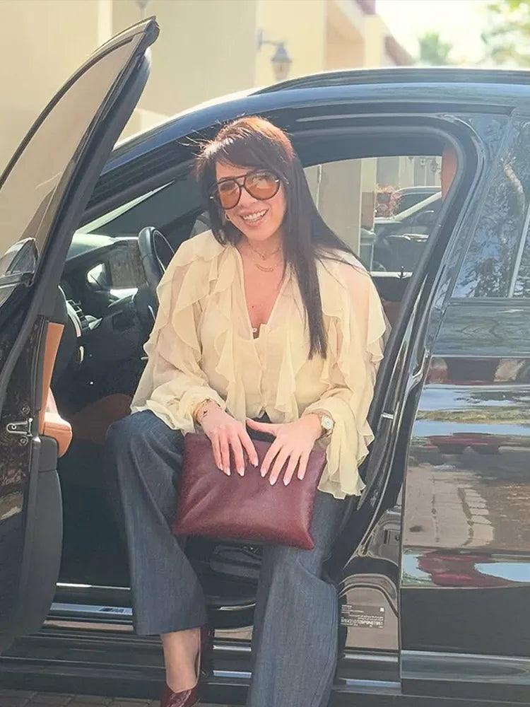 Women Ruffles Lace Up V-neck Top Female Street Tops