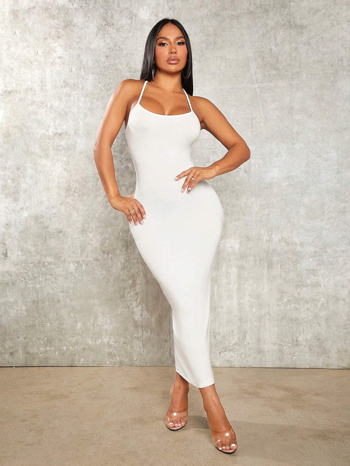 SXY Solid Criss Cross Backless Cami Bodycon Dress Concert Long Summer Dress Prom Dress