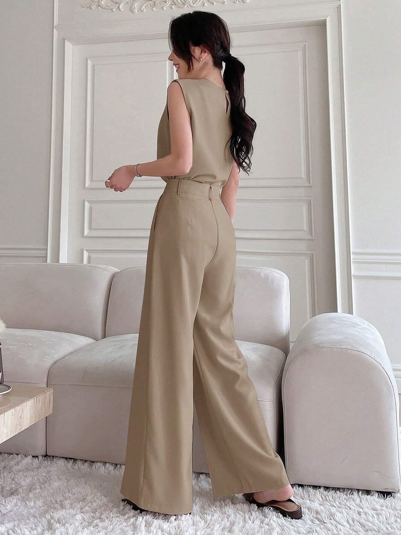 DAZY 2Pcs Sleeveless Split Top and Wide Leg Pants Set, Jumpsuit Summer
