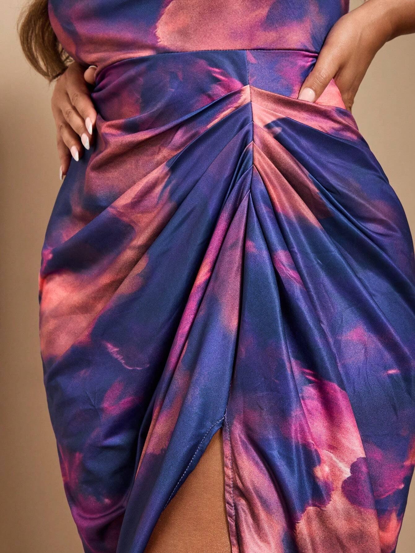 BAE Women'S plus Summer Regular/Festival/Date/Party V-Neck Slit Color Block Tie Dye Printed Dress, Wedding Guest Dress