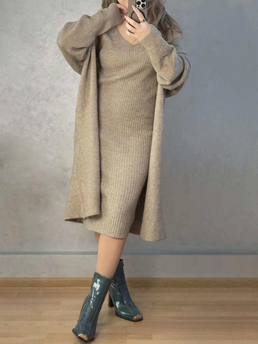 Knitted suit women's elegant vest dress+long cardigan jacket