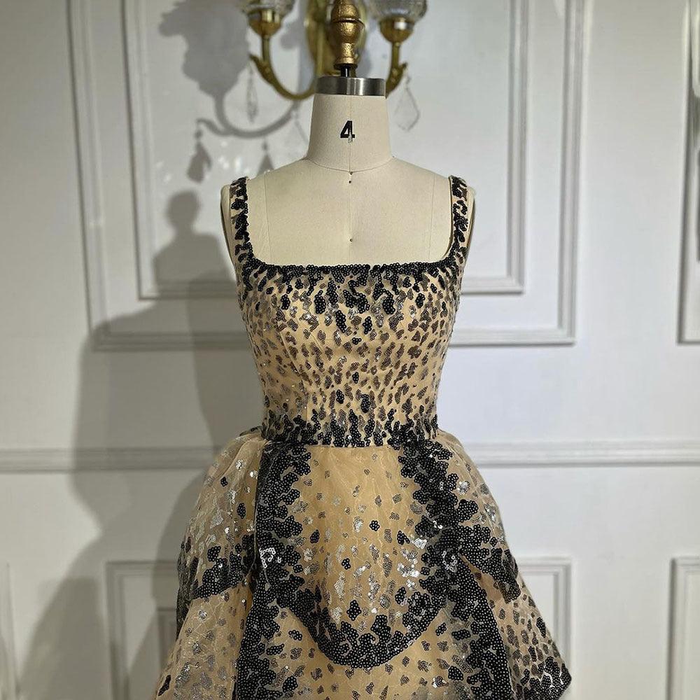 Black nude sequin tiered flanged halter dress