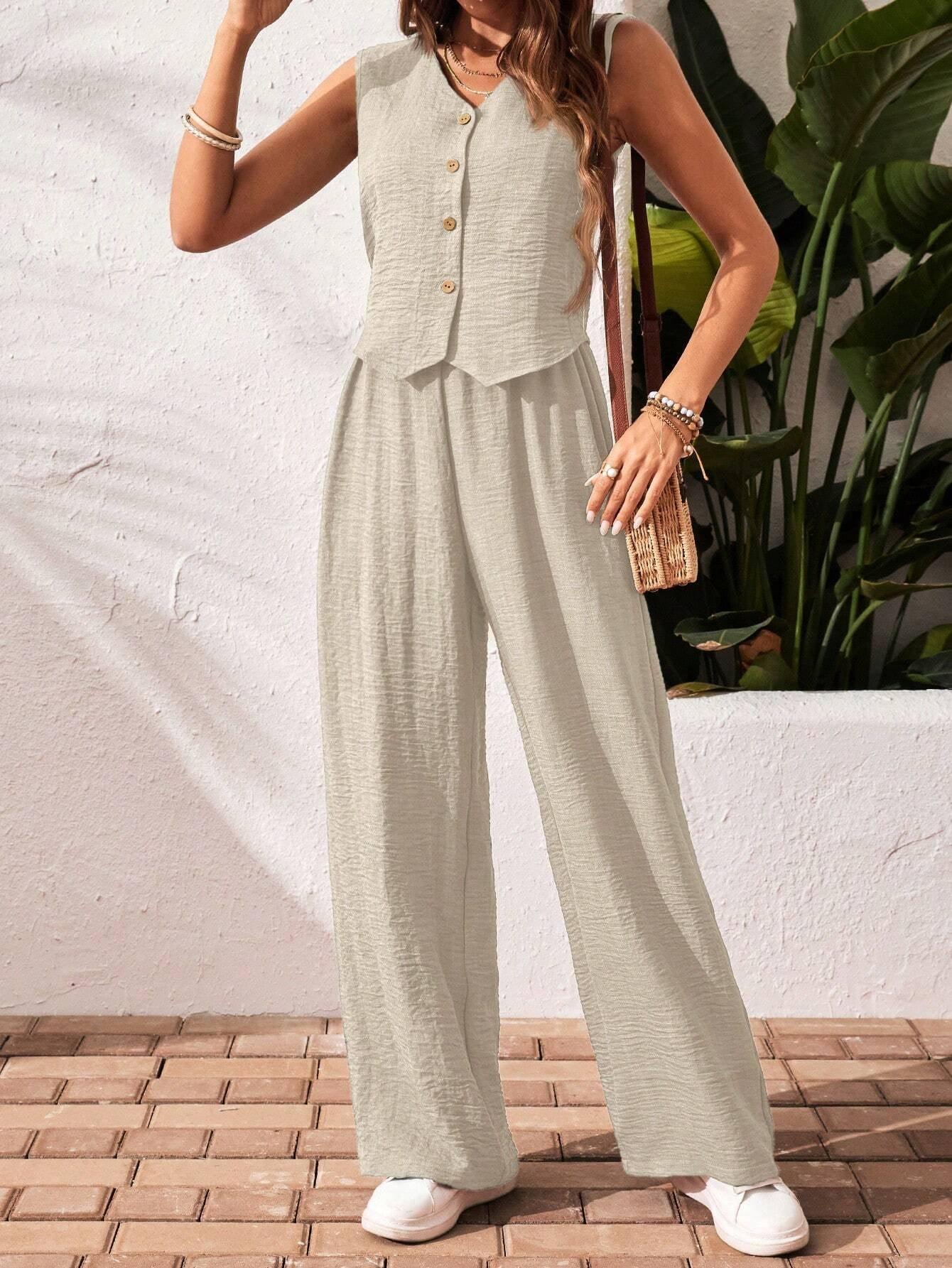 Frenchy Women'S Solid Color Front Button Sleeveless Blouse and Long Pants Casual Suit Set Fall Women Outfits Women Outfit Sets Winter Women Sets