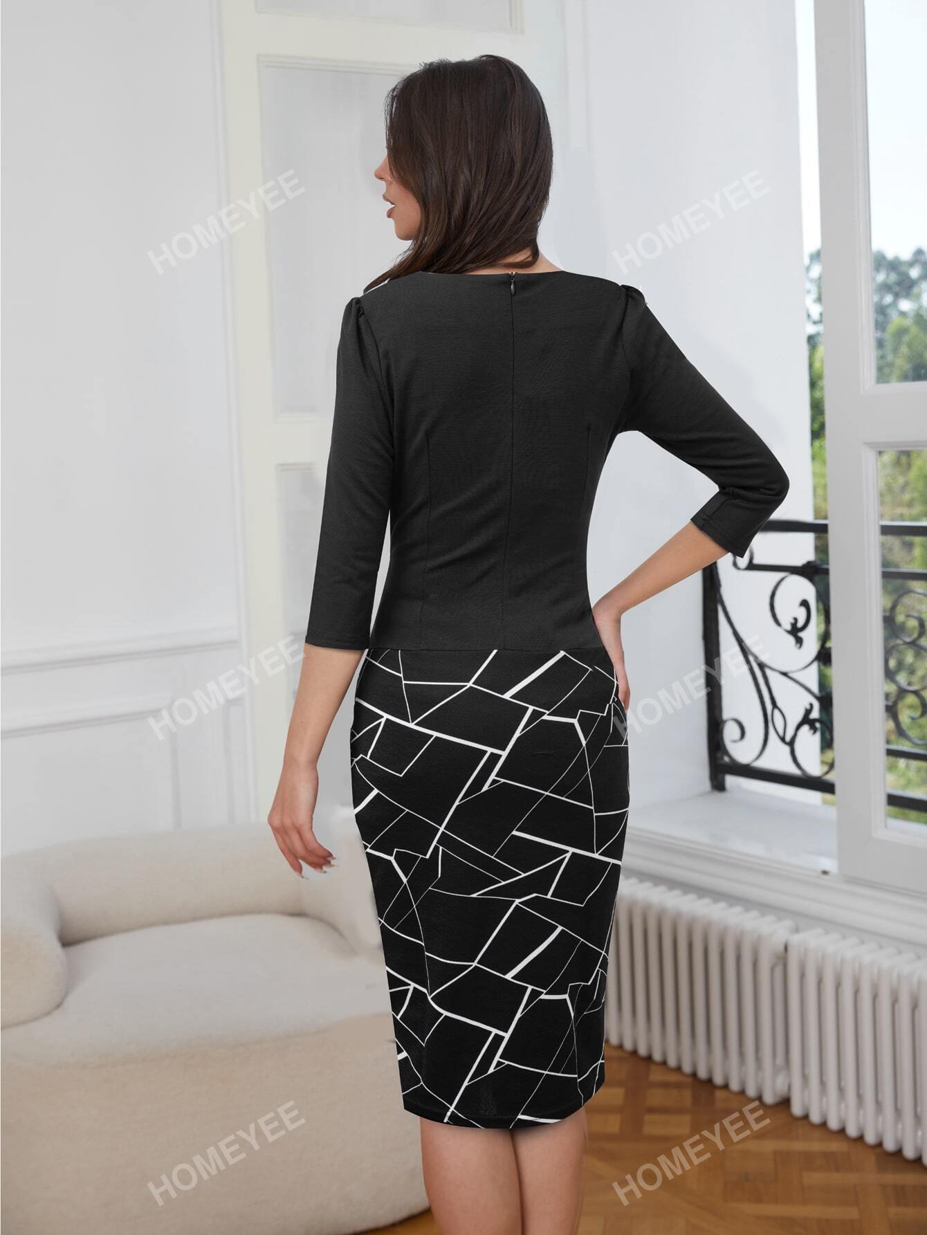 Geo Print 2 in 1 Bodycon Formal Dress Business Dress Office Wear Women