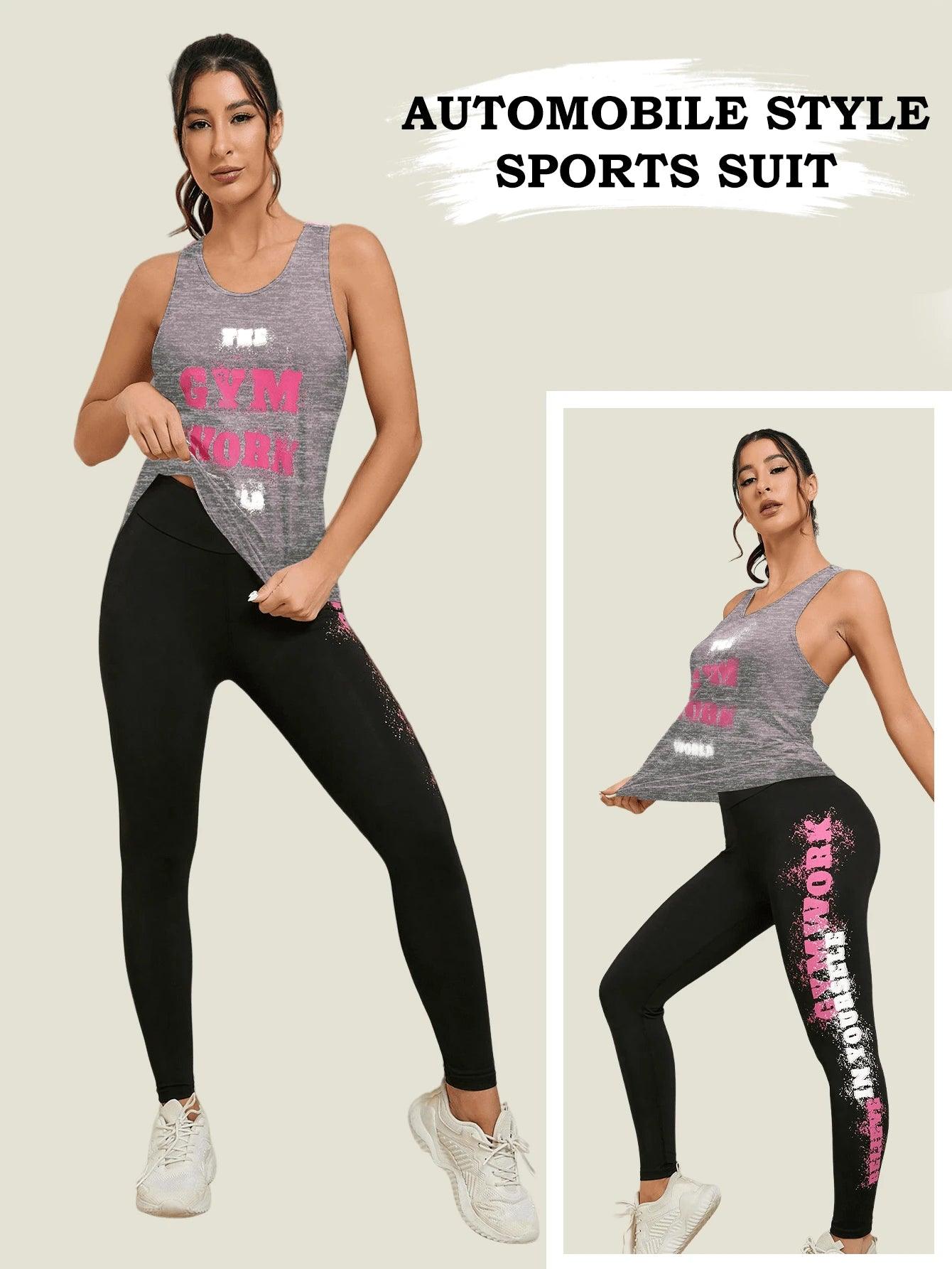 2Pcs Sports Set, Includes Car Style Top and Slogan Printed Leggings