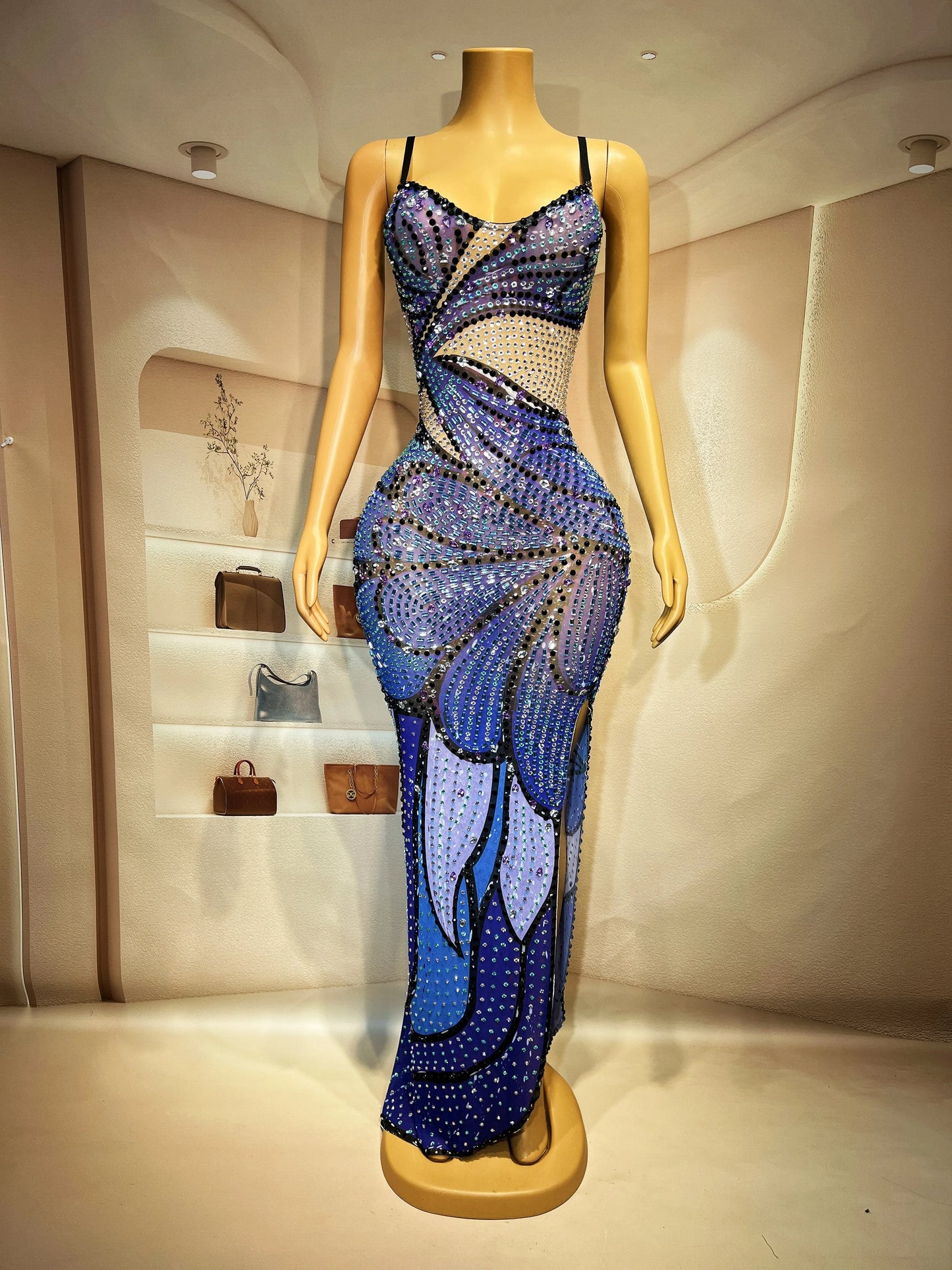 Suspender dress with sparkling diamond print fashionable slit slim fit