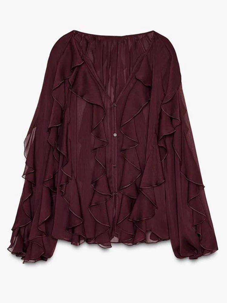 Women Ruffles Lace Up V-neck Top Female Street Tops