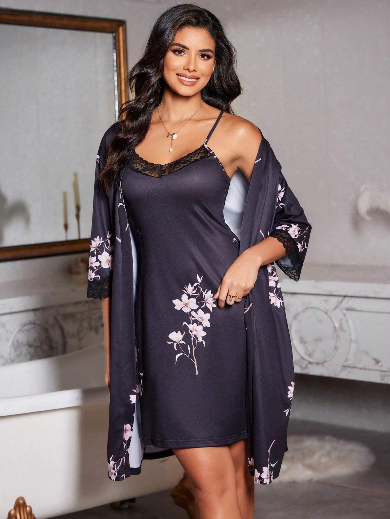 2Pcs Contrast Lace Printed Camisole Sleepwear Dress & Robe Set