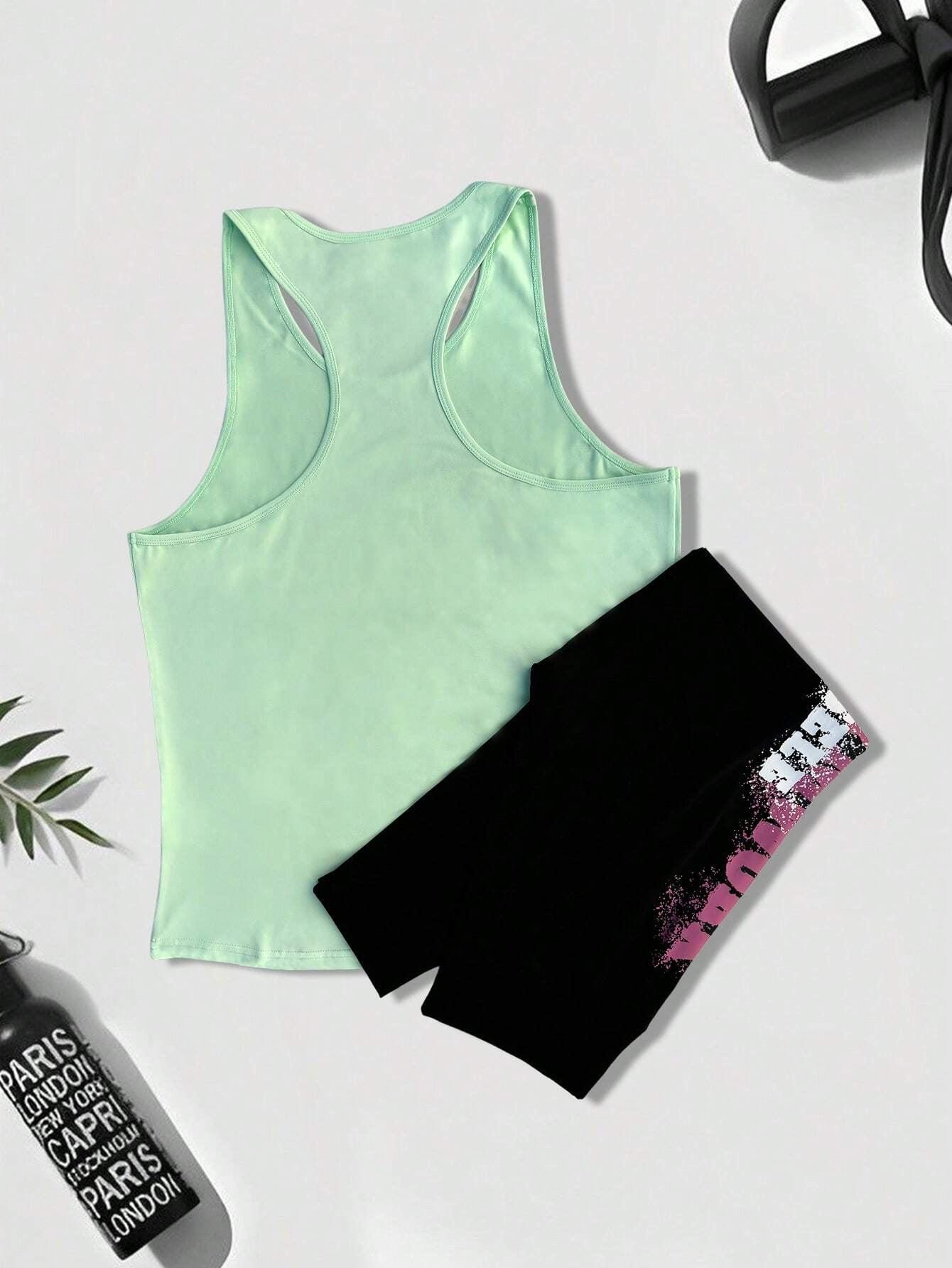 2Pcs Sports Set, Includes Car Style Top and Slogan Printed Leggings