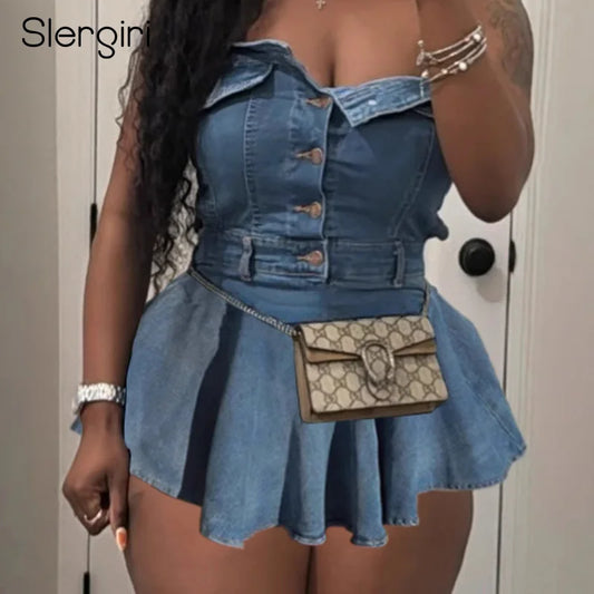 Slergiri Women's Sexy Half Button Tube Denim Dress 2025 Summer Y2k Streetwear High Waist Slim-fit Matching Mini A-Line Dresses