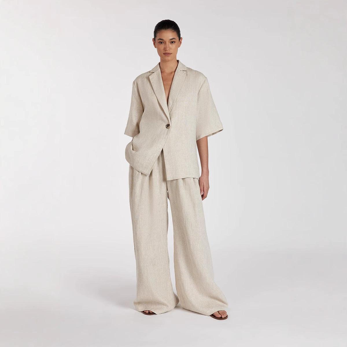 Linen Commuter Lapel Half Sleeve Cardigan Top Loose Wide Leg Pants Two-piece Set