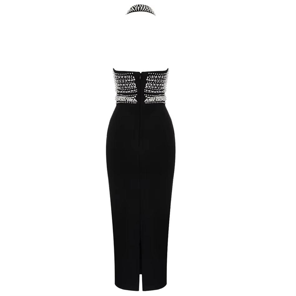 Elegant Black and White Sleeveless V-Neck Beaded Bandage Dress for Evening Events and Parties