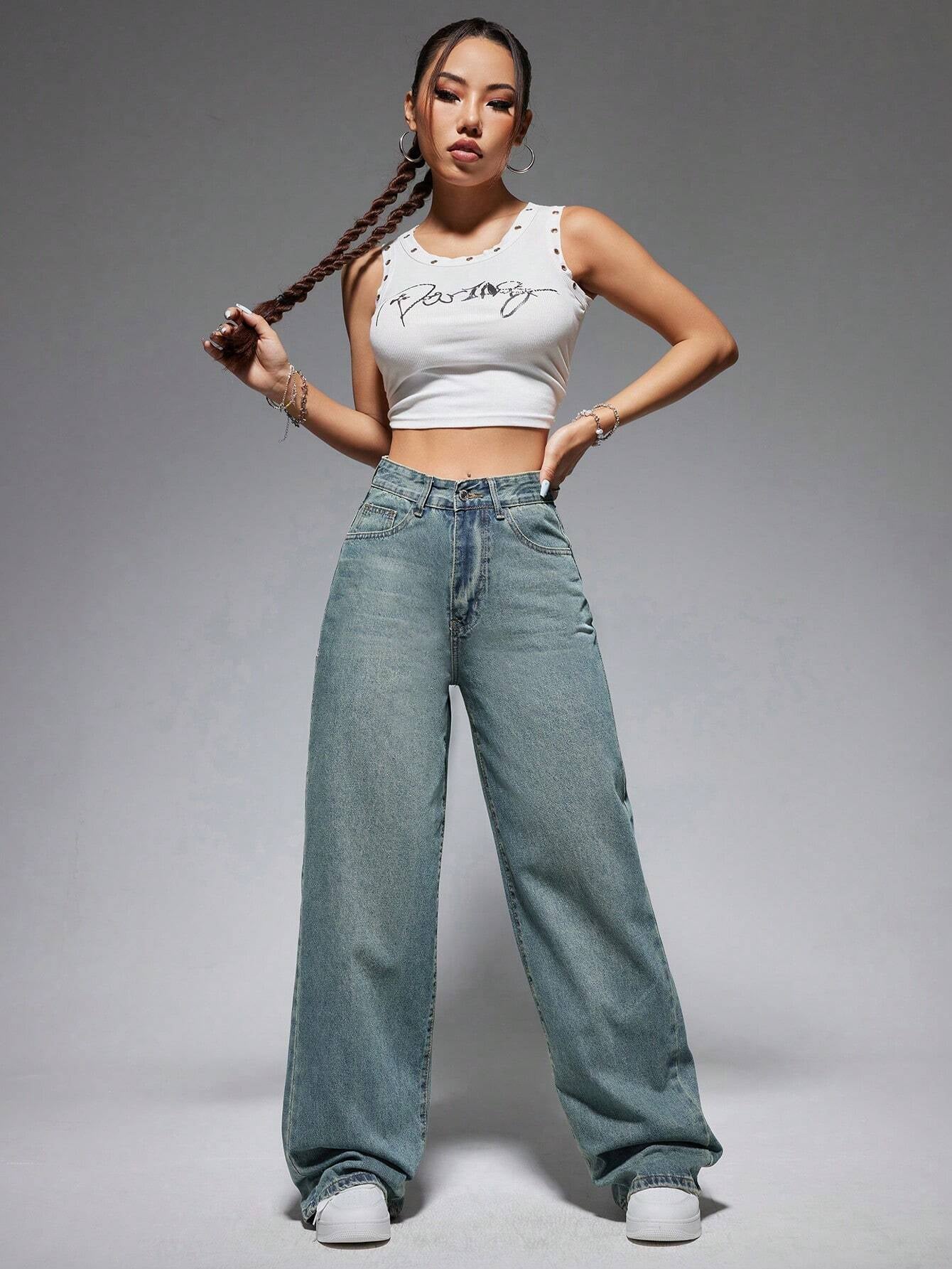 Washed Wide-Leg Jeans with Slanted Pockets Baggy Jeans