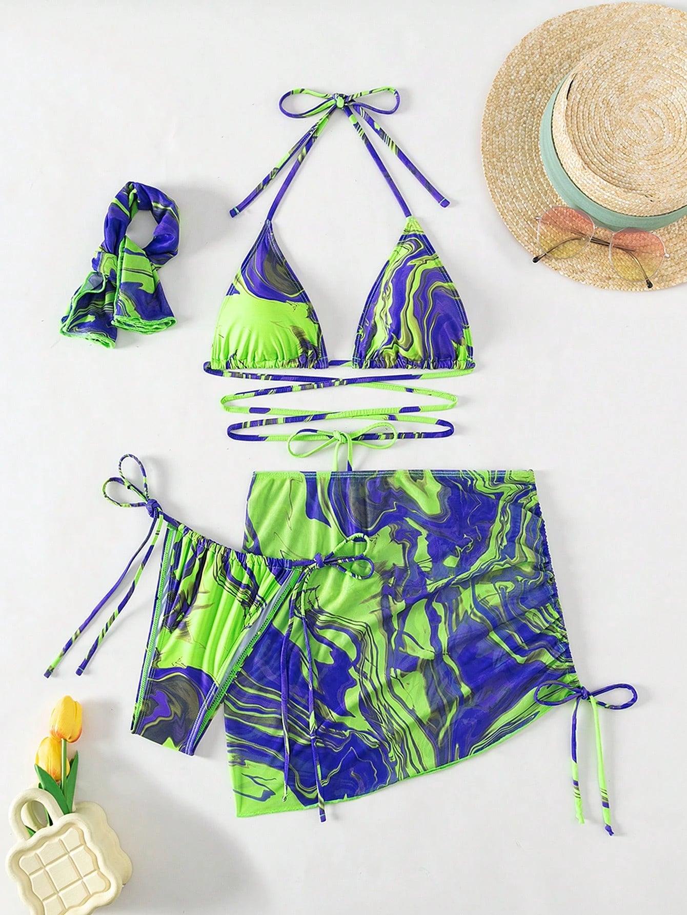 Swim Allover Print Halter Triangle Bikini Set with Beach Skirt 3 Pieces Bikini Summer Beach
