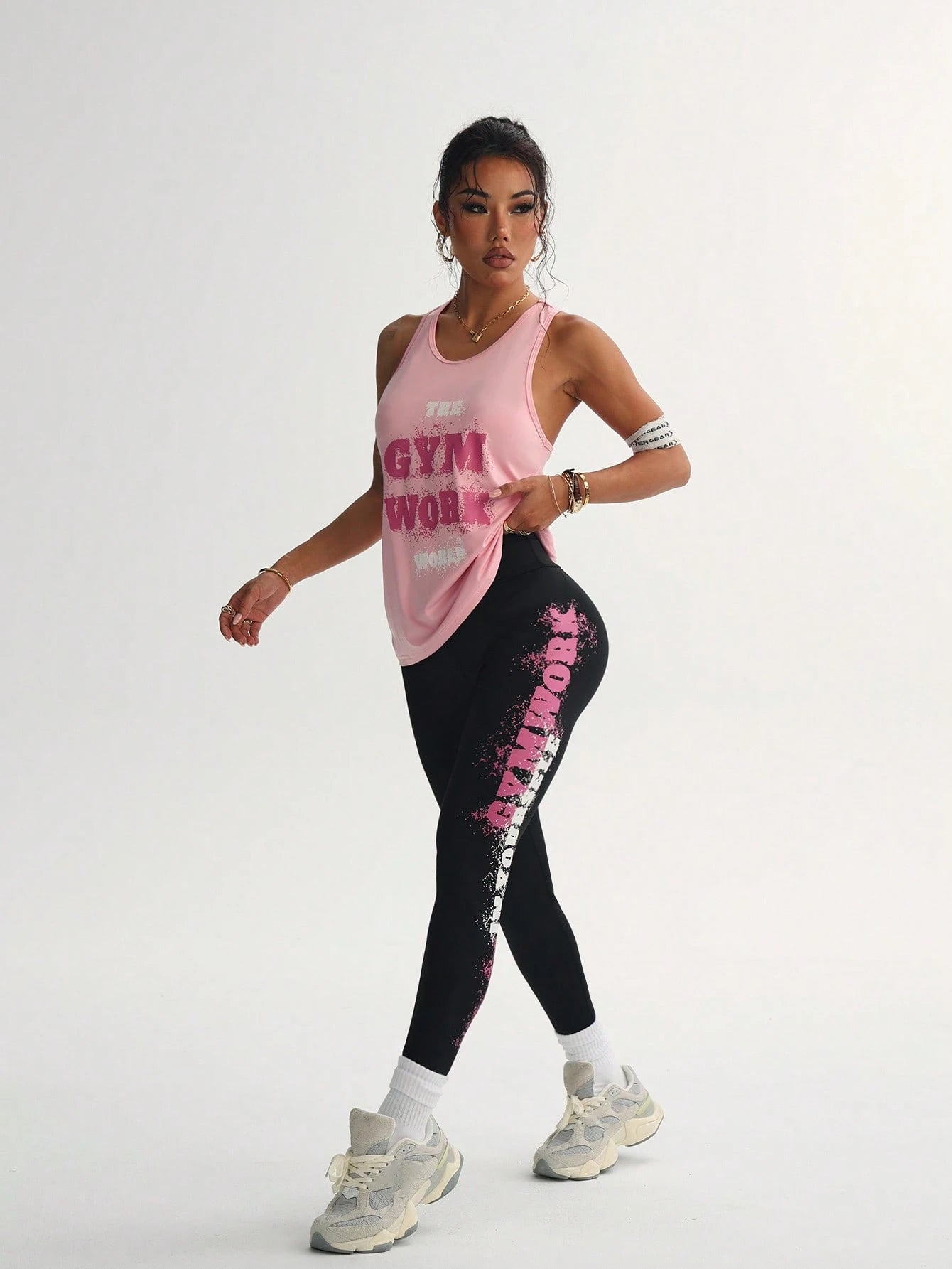 2Pcs Sports Set, Includes Car Style Top and Slogan Printed Leggings