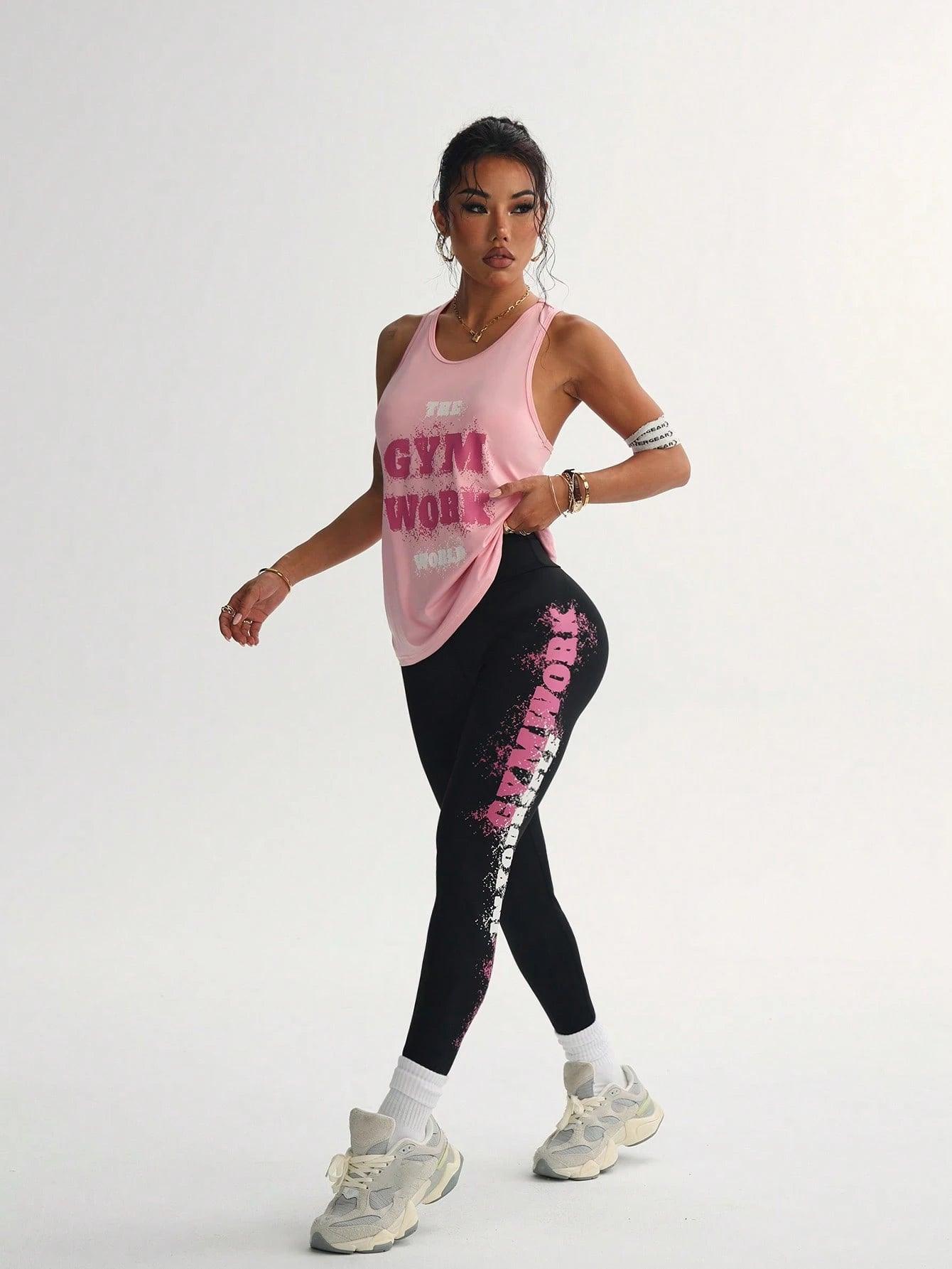 2Pcs Sports Set, Includes Car Style Top and Slogan Printed Leggings
