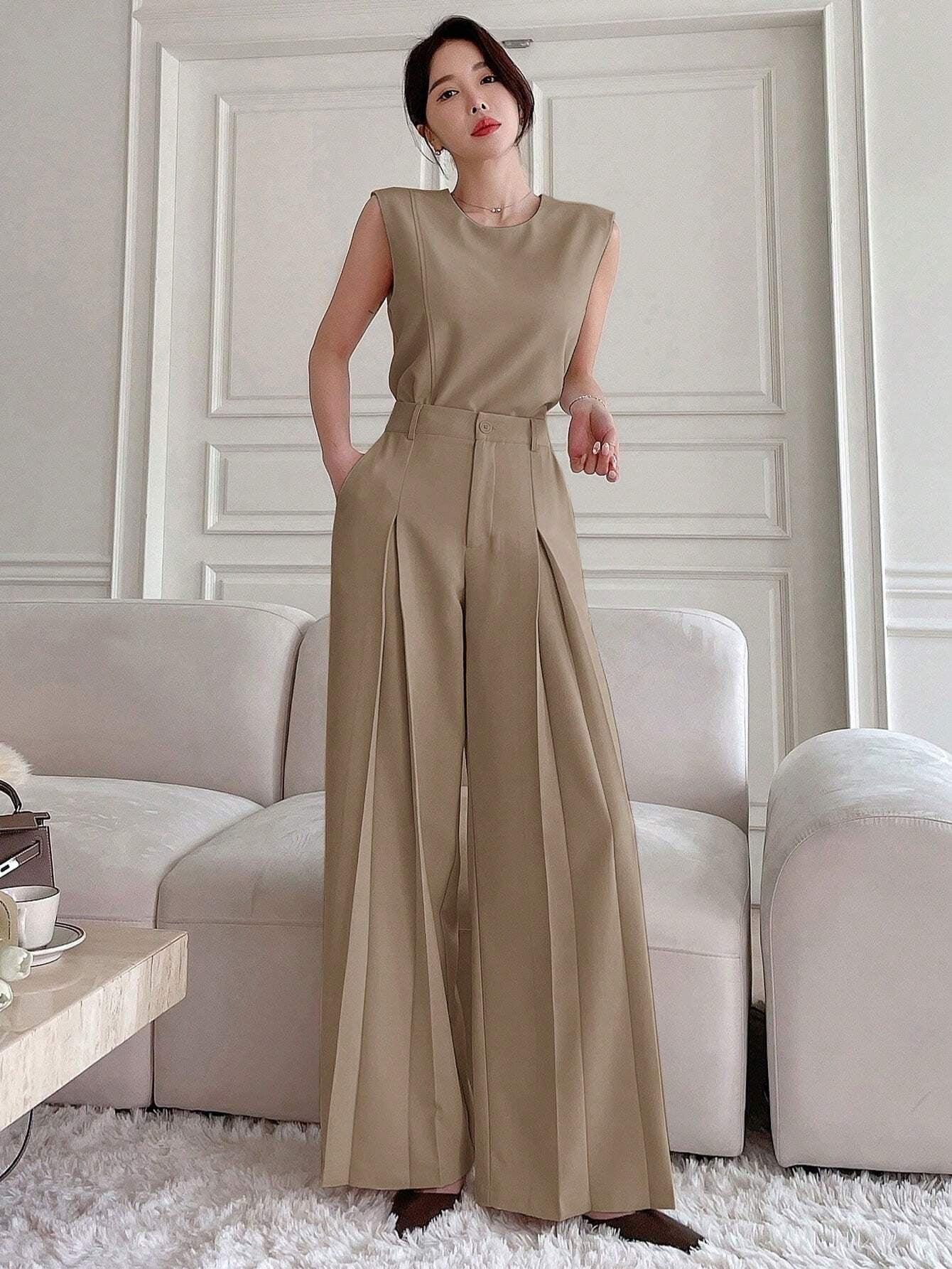 DAZY 2Pcs Sleeveless Split Top and Wide Leg Pants Set, Jumpsuit Summer