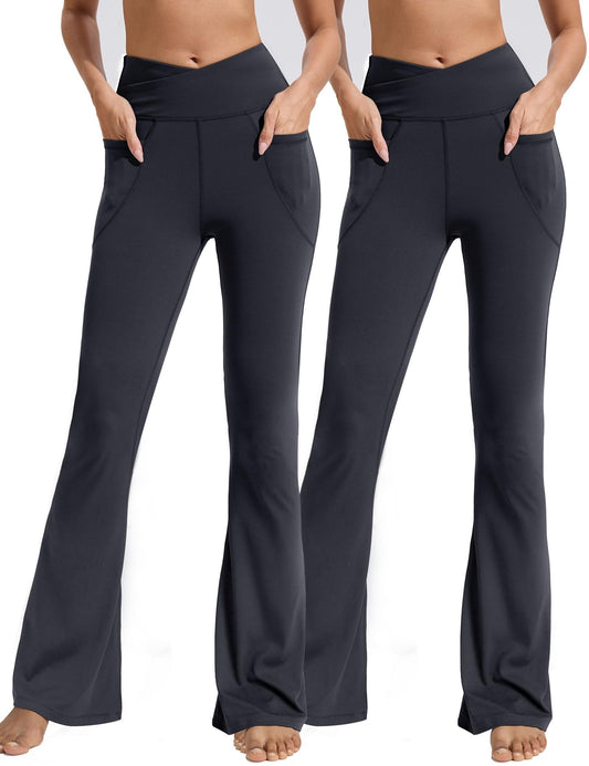 Flared Pants - Cropped Cross Waist Pocket Polyester Double Mill Two Black 2PCS