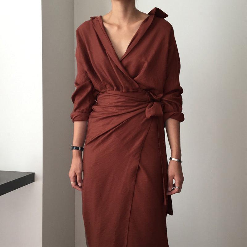 Women's irregular hip wrap strap V-neck long sleeve solid color dress