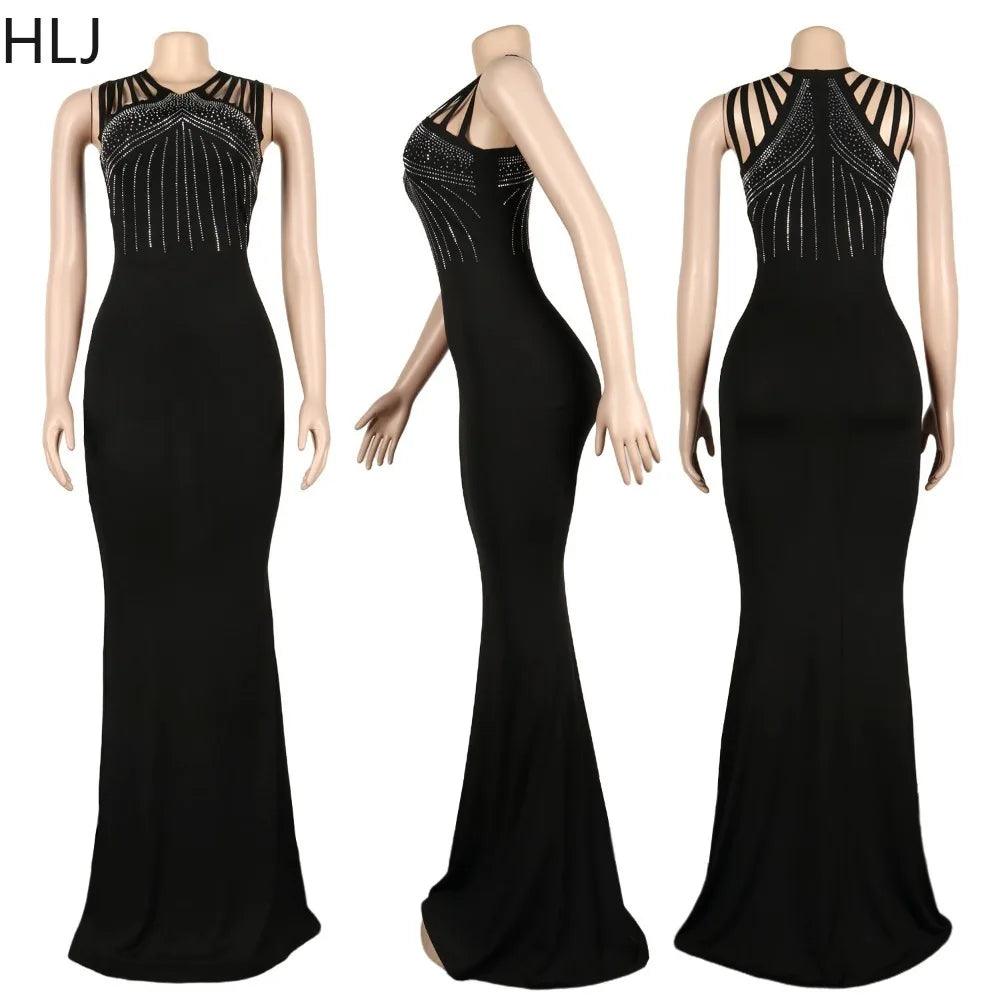 Black Fashion Luxury Rhinestone Evening Party Floor Dress Women Round Neck
