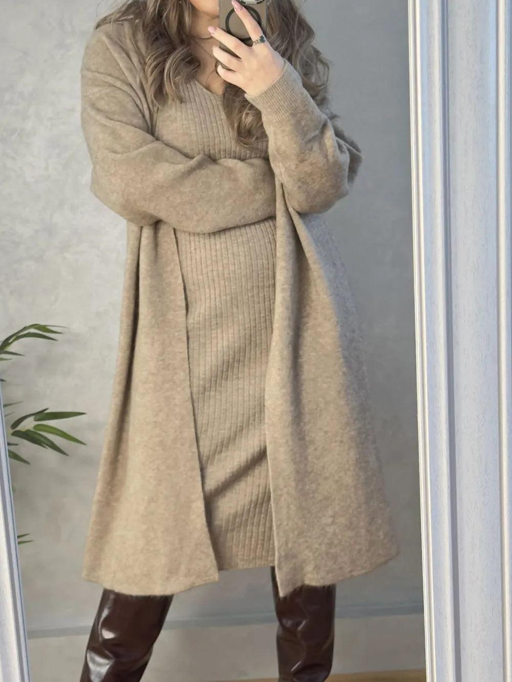 Knitted suit women's elegant vest dress+long cardigan jacket