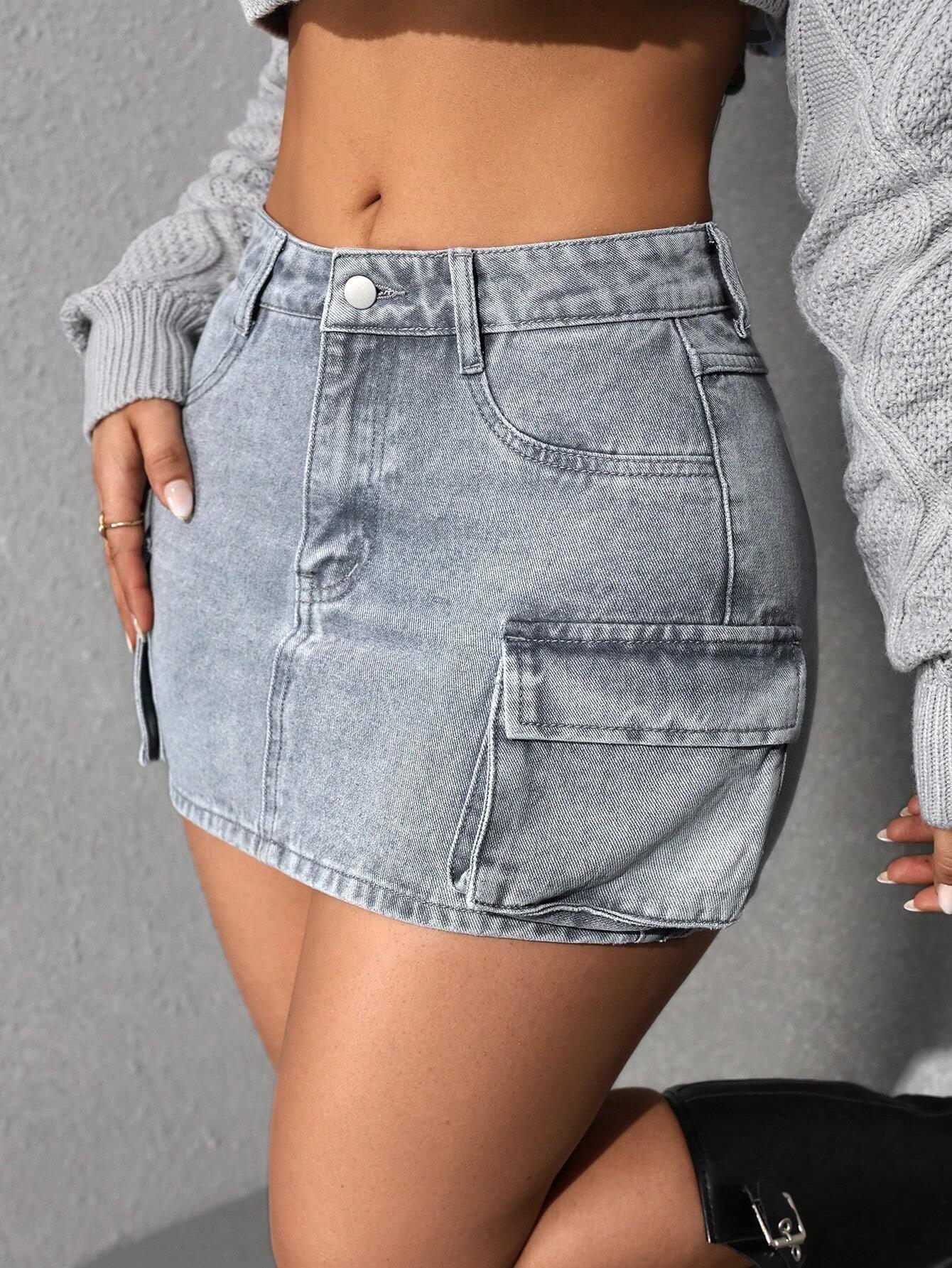 ICON Washed Fitted Mini Denim Cargo Skirt