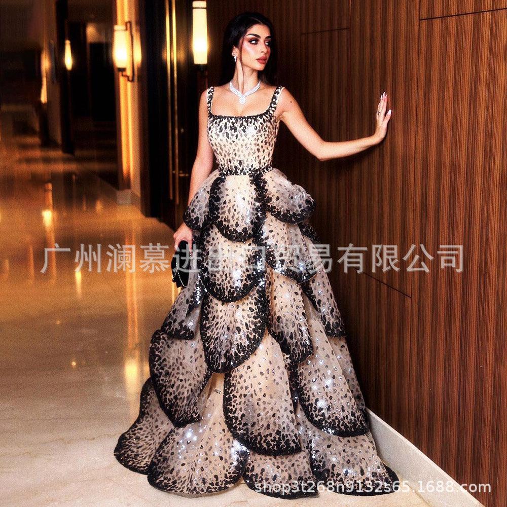 Black nude sequin tiered flanged halter dress