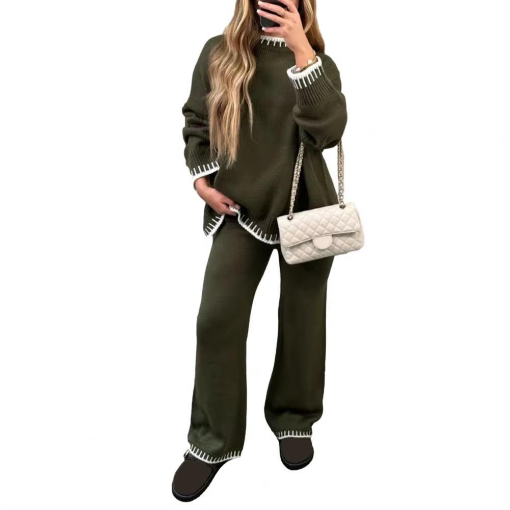 2023 Aliexpress Cross Border Long Sleeve Brown Temperament Wide Leg Pants Fashion Loose High Neck Casual Two Piece Sweater Set