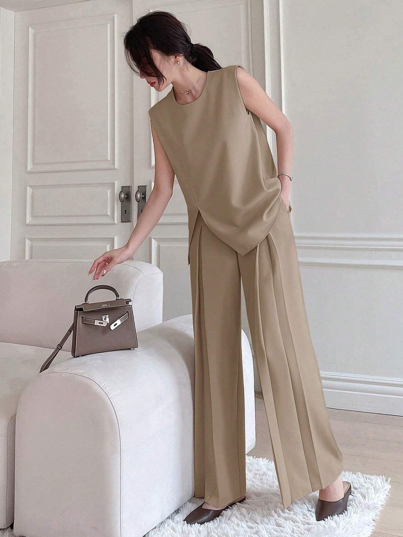 DAZY 2Pcs Sleeveless Split Top and Wide Leg Pants Set, Jumpsuit Summer