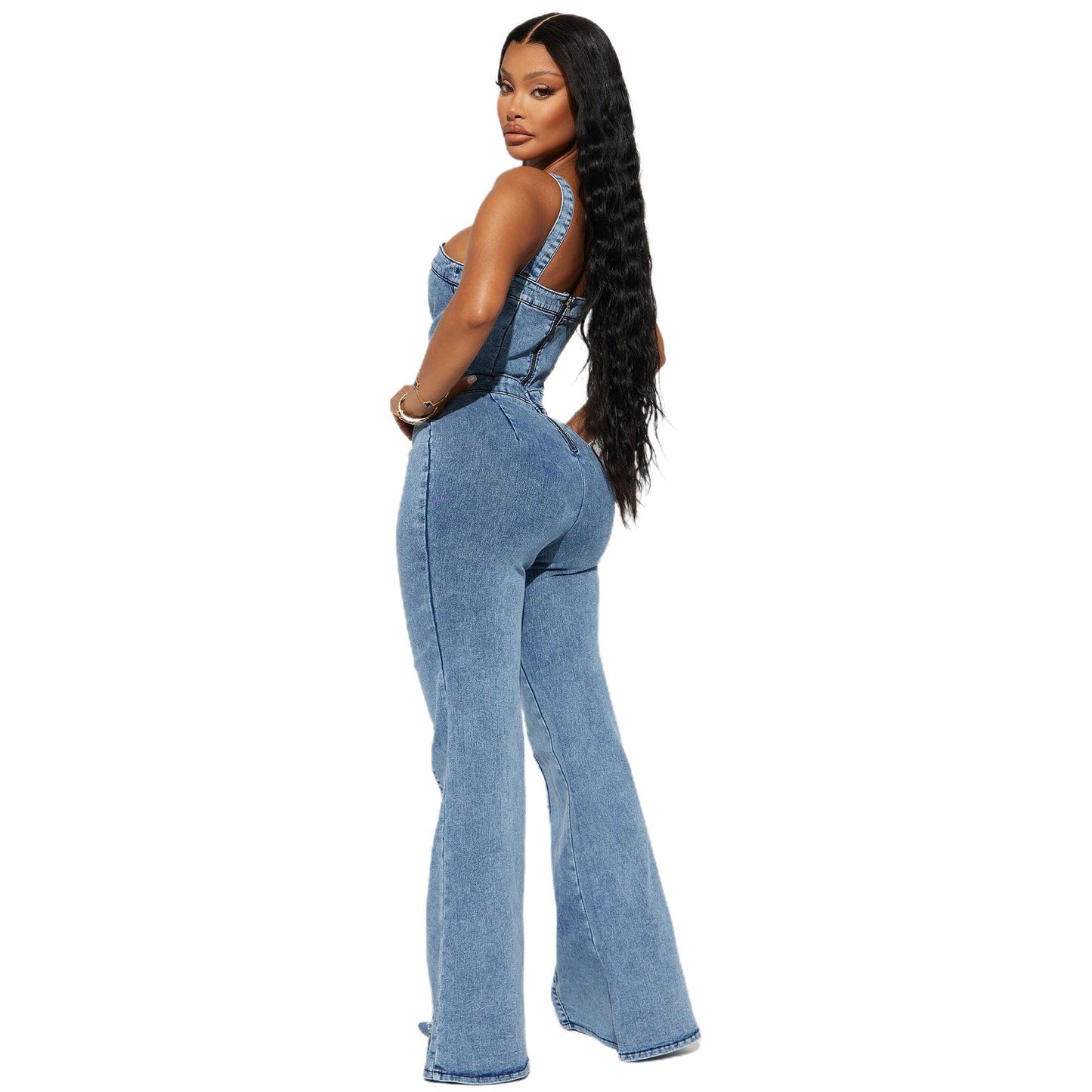 Women's fashion casual  suspenders denim rompers wide leg pants flared pants