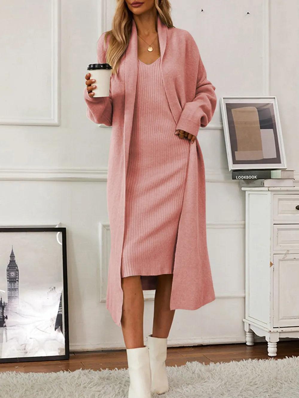 Knitted suit women's elegant vest dress+long cardigan jacket