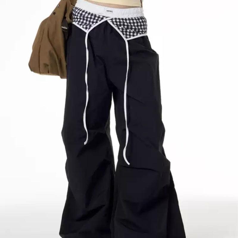 Retro Spicy Girl Plaid Stitching Design Wide-leg Pants For Women