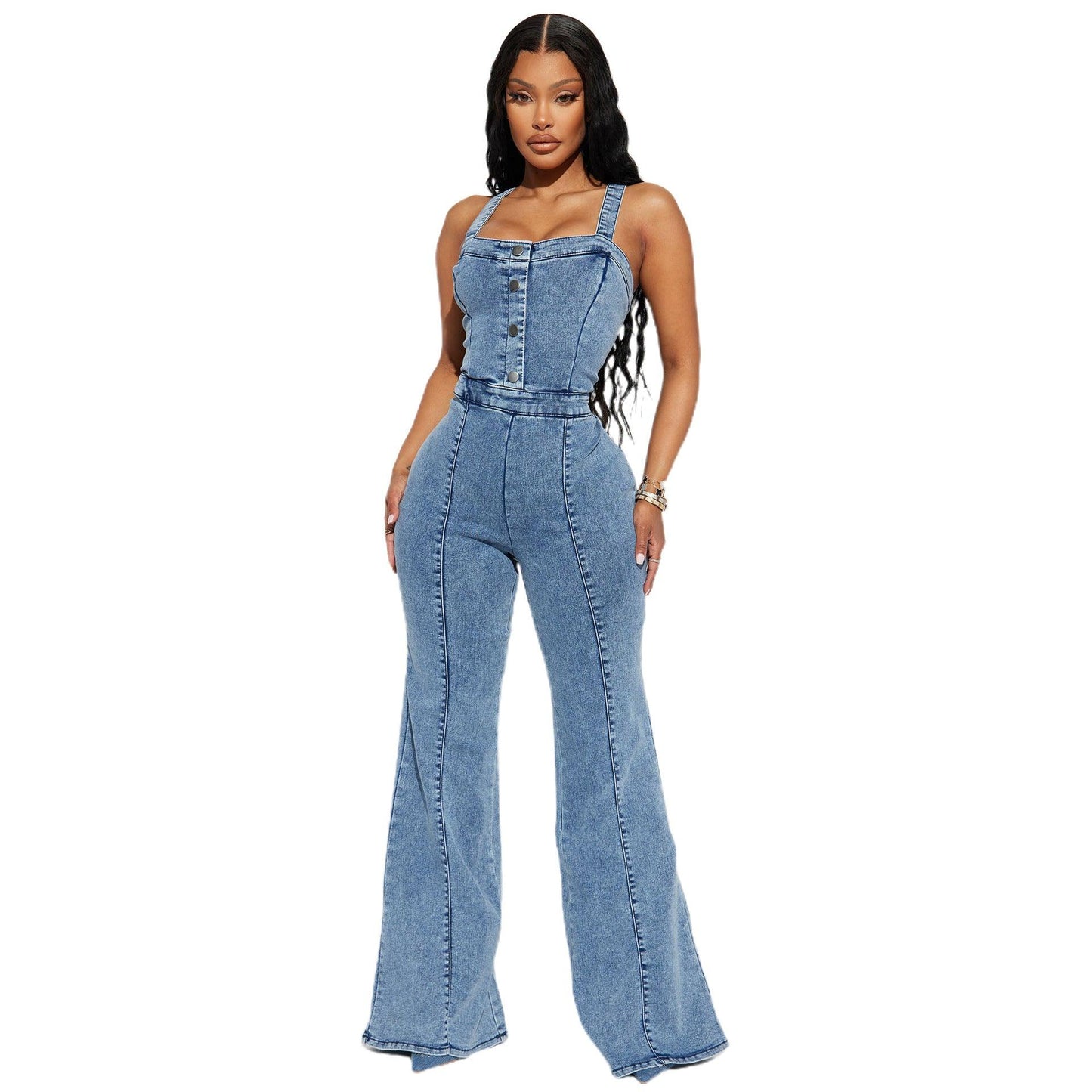 Women's fashion casual  suspenders denim rompers wide leg pants flared pants