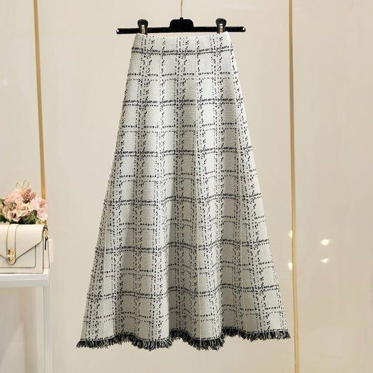 Fringed checkered skirt for women, high-waisted umbrella skirt
