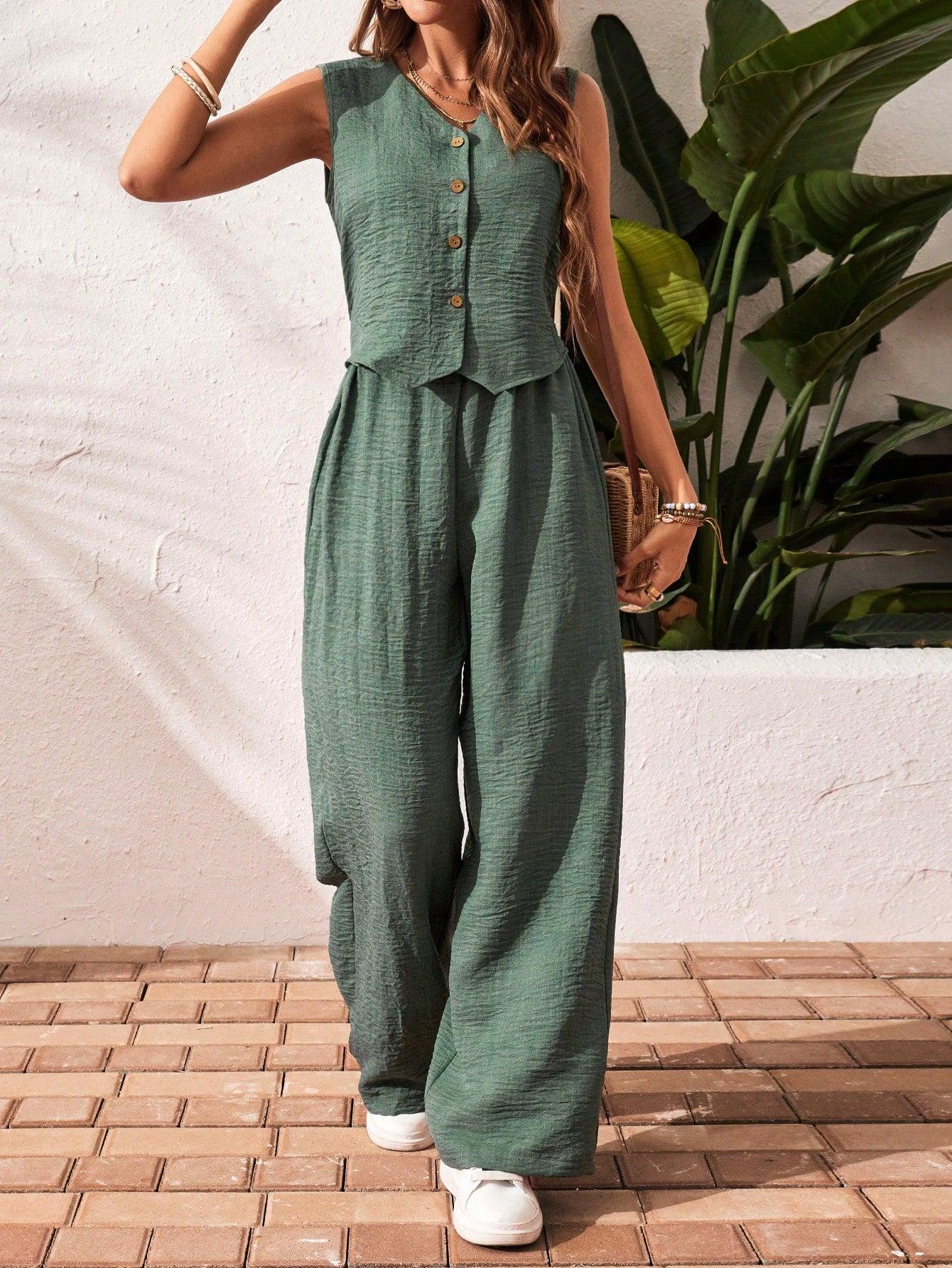 Frenchy Women'S Solid Color Front Button Sleeveless Blouse and Long Pants Casual Suit Set Fall Women Outfits Women Outfit Sets Winter Women Sets