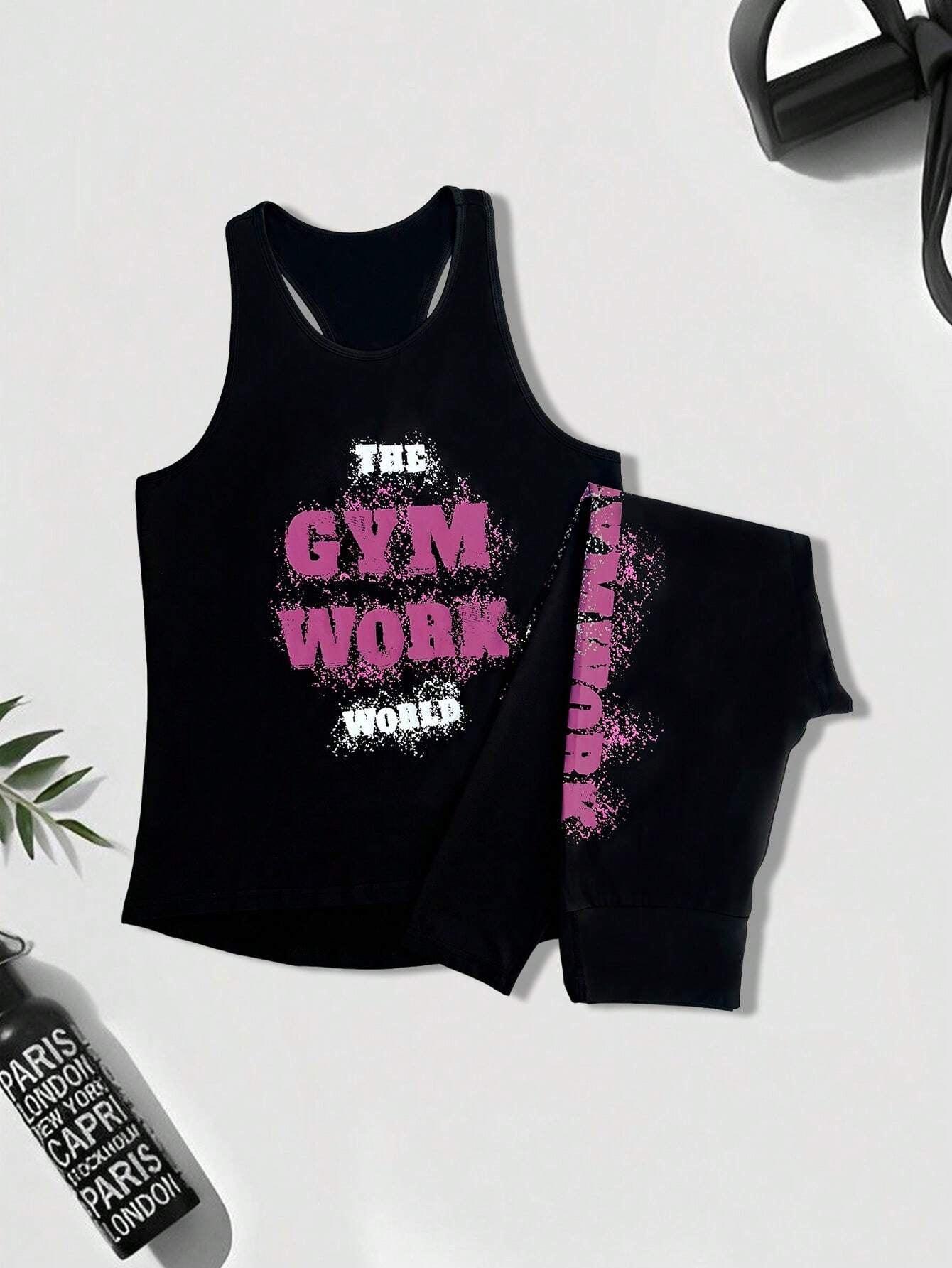 2Pcs Sports Set, Includes Car Style Top and Slogan Printed Leggings