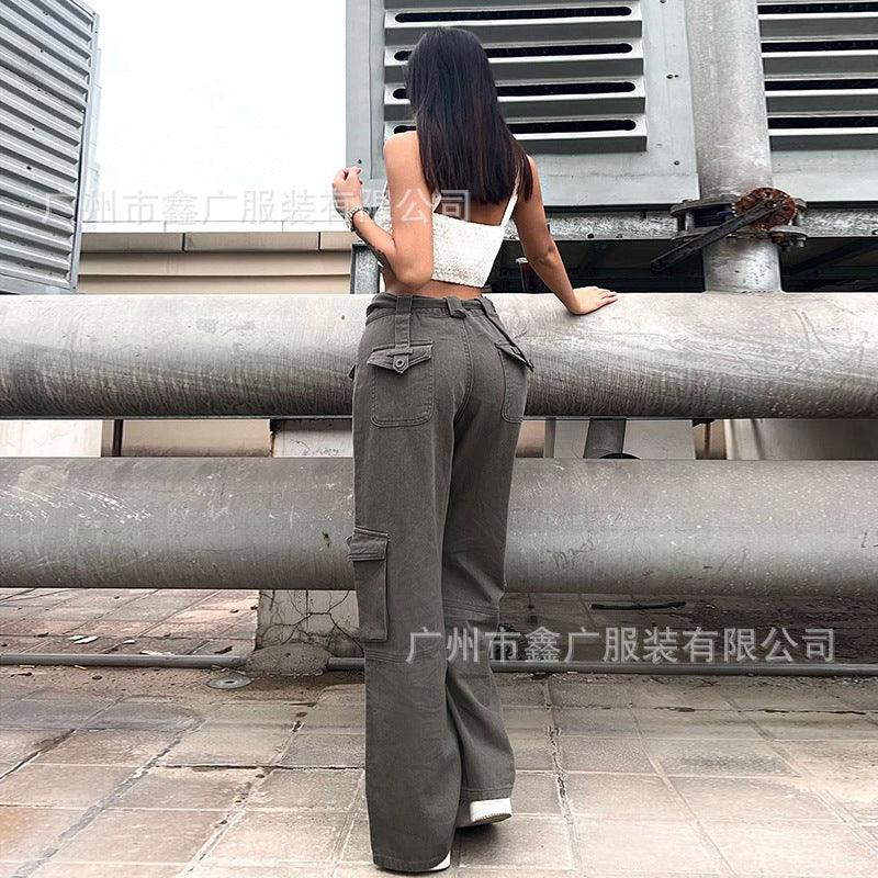 Grey Leisure Belt Multi-pocket cargo jeans pants Women