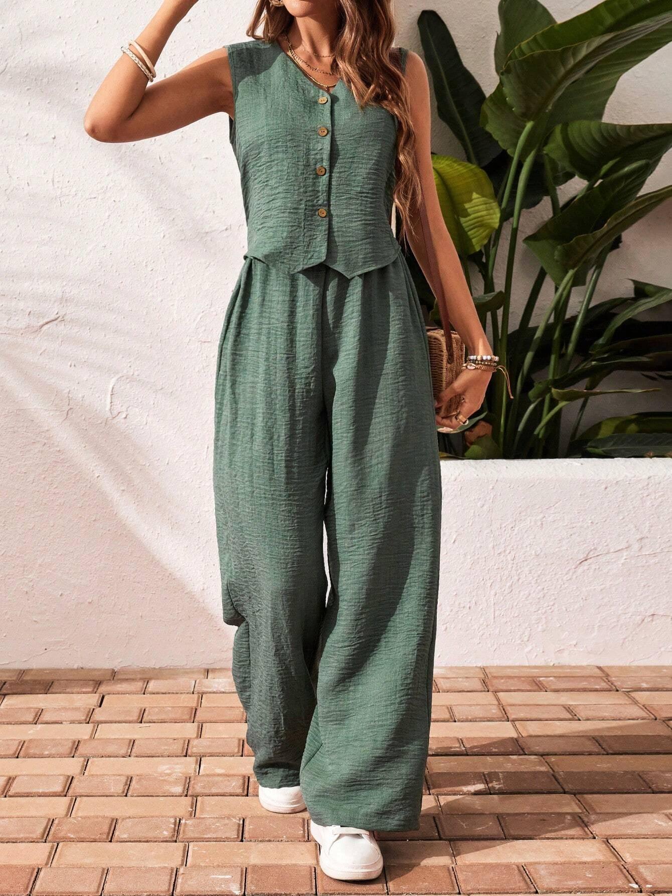 Frenchy Women'S Solid Color Front Button Sleeveless Blouse and Long Pants Casual Suit Set Fall Women Outfits Women Outfit Sets Winter Women Sets