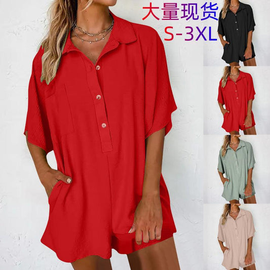 jumpsuit button pocket three-quarter shorts