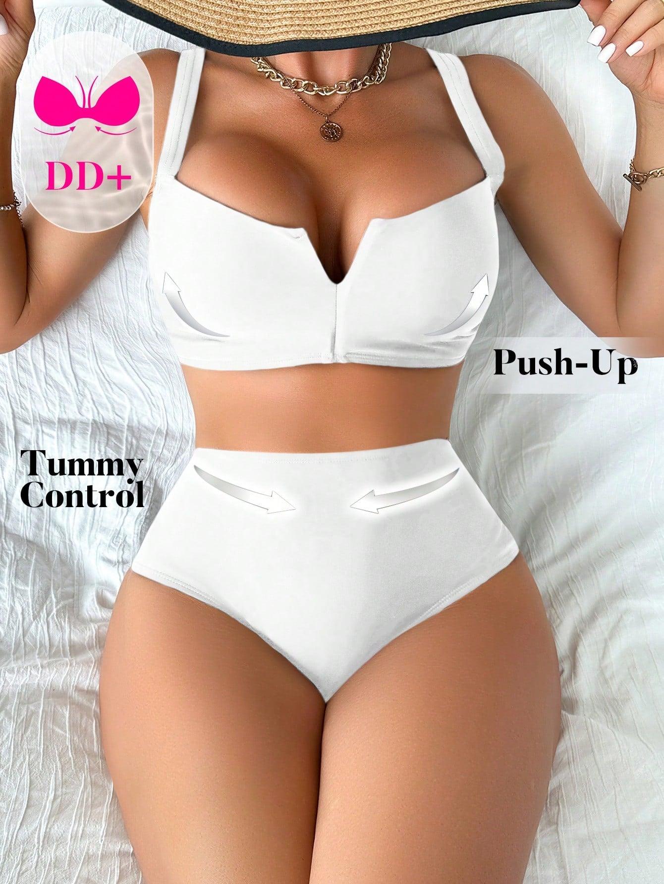 Swim Solid Color Push-Up Bikini Set, Summer Beach