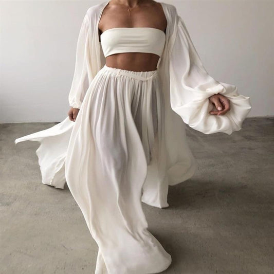 Three-piece Long Cardigan Tube Top Wide-leg Pants